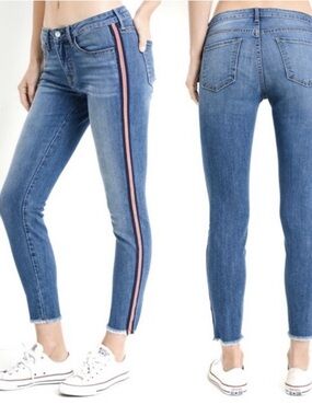 Just Black Denim Women's Blue Skinny Jeans with Side Stripe and frayed hem